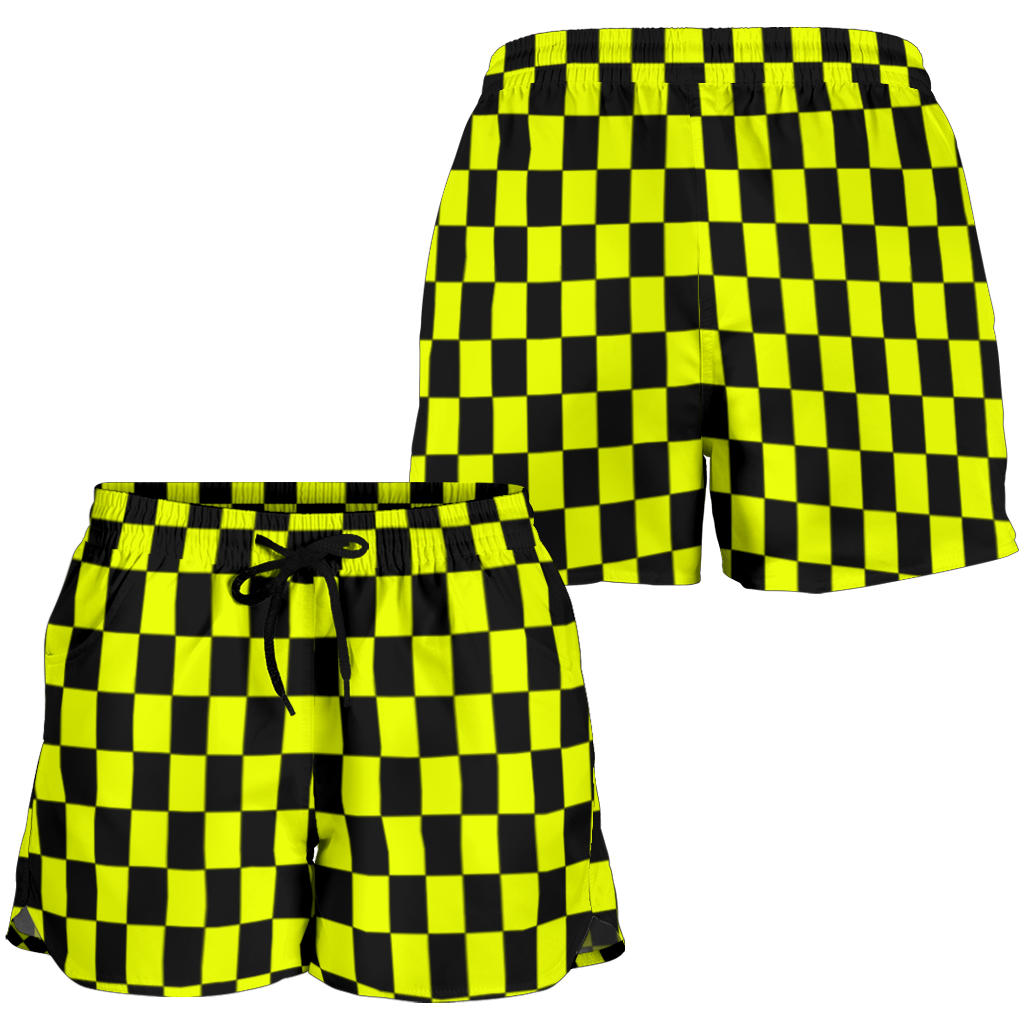 High-performance women's athletic shorts featuring a vibrant yellow and black checkered pattern, designed with an elastic drawstring waist and functional side pockets.