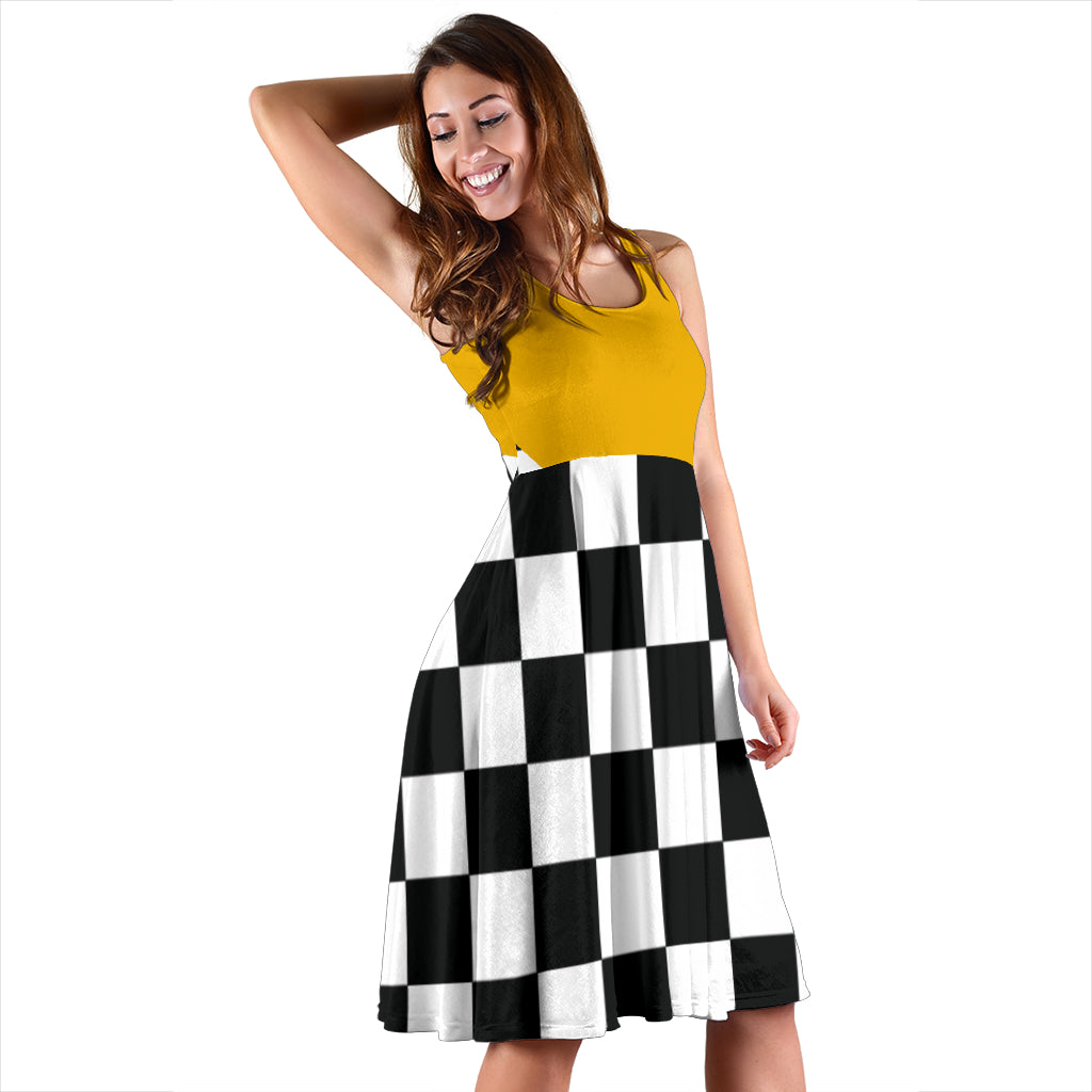 High-visibility mixed orange and black checkered flag midi dress with pockets, designed for motorsports fans on race day.