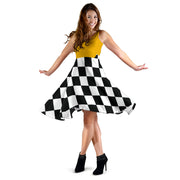 High-visibility mixed orange and black checkered flag midi dress with pockets, designed for motorsports fans on race day.