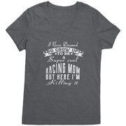 "I Never Dreamed I'd Grow Up To Be A Super Cool Racing Mom" apparel collection featuring women's v-necks, flowy racerback tanks, crop tees, and fleece hoodies.