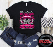 "I'm Not Just A Dirt Track Racing Mom" T-shirt design featured on a variety of women's apparel including hoodies, tanks, and v-necks for motorsports fans.