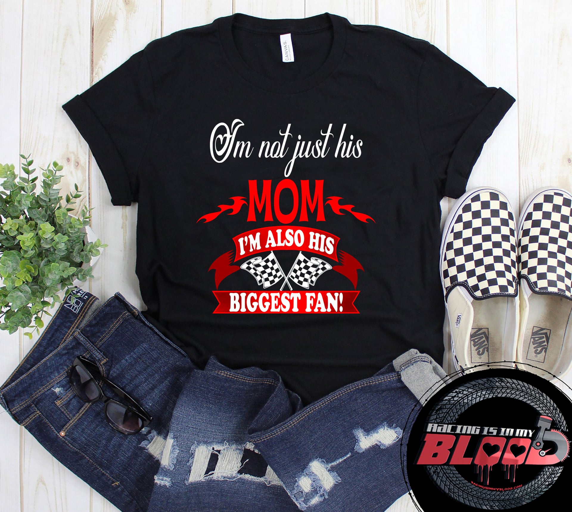 "I'm Not Just His Mom I'm Also His Biggest Fan" apparel collection featuring premium women's t-shirts, racerback tanks, soft v-necks, and cozy fleece hoodies for proud mothers.