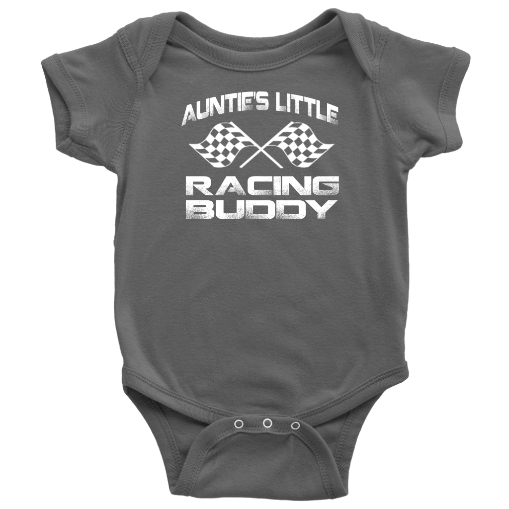 Infant onesies and youth hoodies featuring the "Auntie's Little Racing Buddy" design, made from soft combed ringspun cotton for the newest member of the racing family.