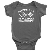 Infant onesies and youth hoodies featuring the "Auntie's Little Racing Buddy" design, made from soft combed ringspun cotton for the newest member of the racing family.