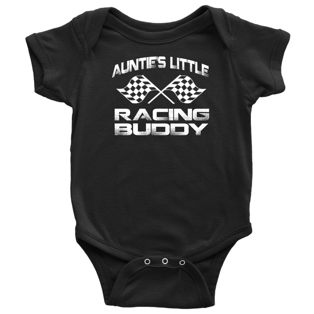 Infant onesies and youth hoodies featuring the "Auntie's Little Racing Buddy" design, made from soft combed ringspun cotton for the newest member of the racing family.
