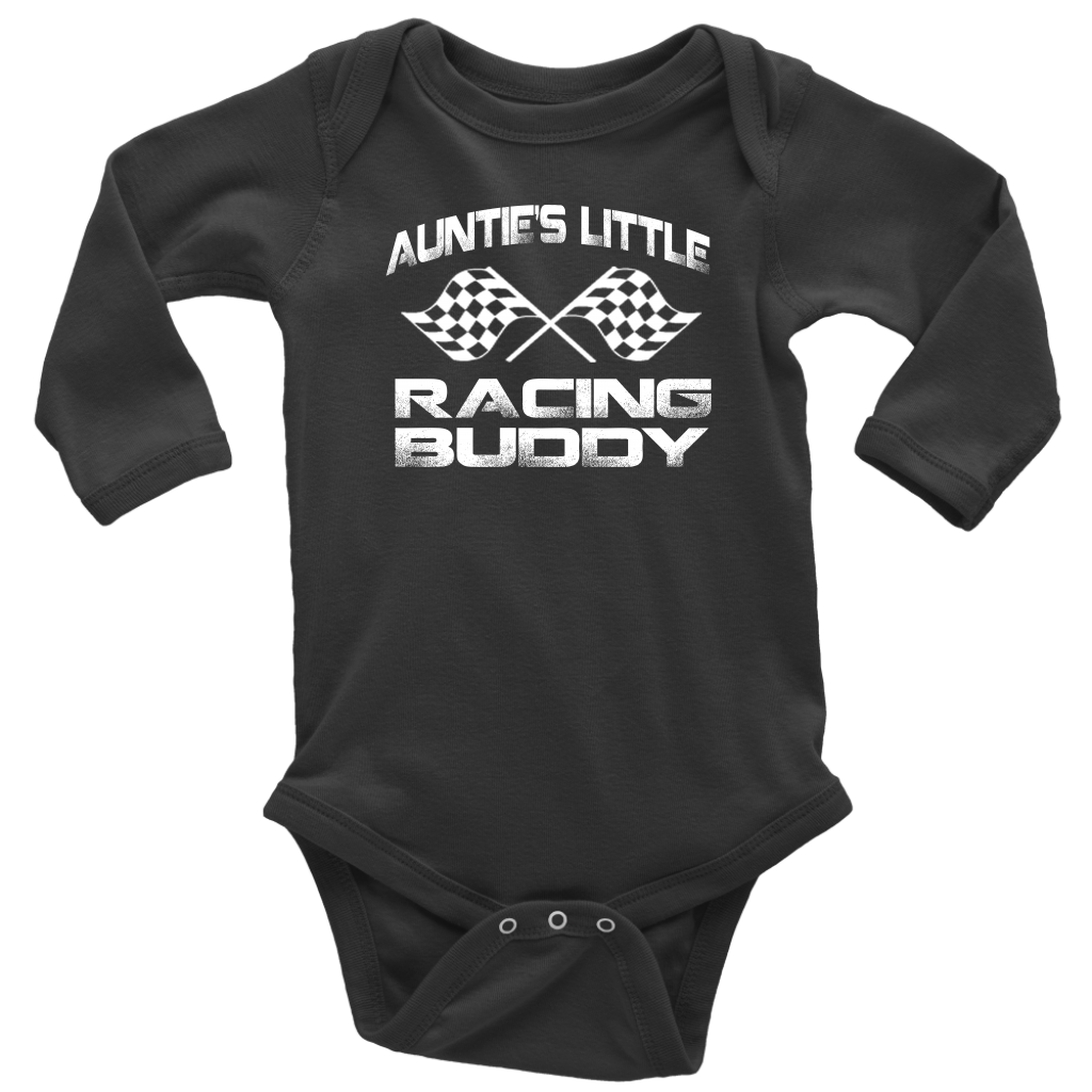 Infant onesies and youth hoodies featuring the "Auntie's Little Racing Buddy" design, made from soft combed ringspun cotton for the newest member of the racing family.