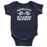 Infant onesies and youth hoodies featuring the "Auntie's Little Racing Buddy" design, made from soft combed ringspun cotton for the newest member of the racing family.
