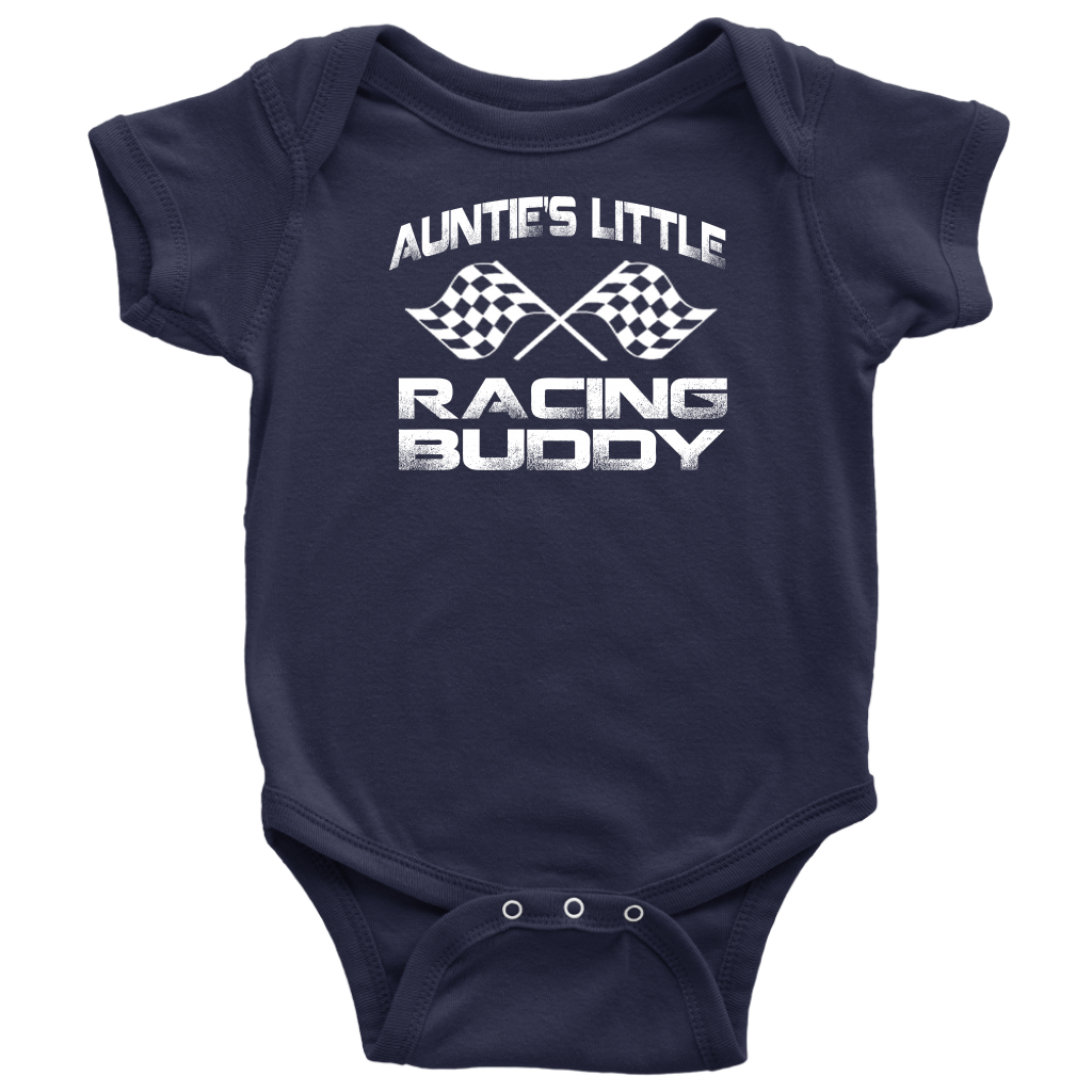 Infant onesies and youth hoodies featuring the "Auntie's Little Racing Buddy" design, made from soft combed ringspun cotton for the newest member of the racing family.