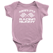 Infant onesies and youth hoodies featuring the "Auntie's Little Racing Buddy" design, made from soft combed ringspun cotton for the newest member of the racing family.