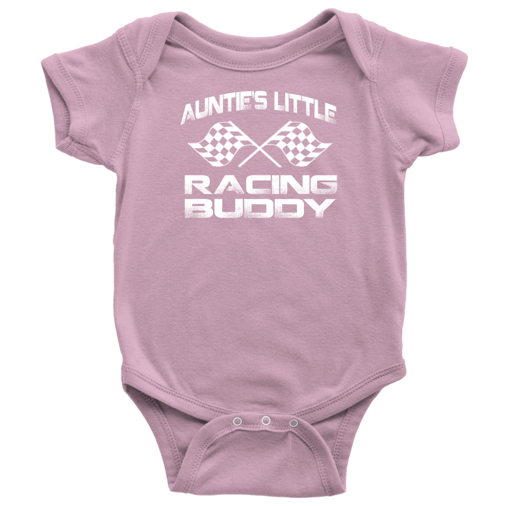Infant onesies and youth hoodies featuring the "Auntie's Little Racing Buddy" design, made from soft combed ringspun cotton for the newest member of the racing family.