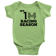 Infant onesies and youth hoodies featuring the "My 1st Racing Season" milestone design, crafted from soft combed ringspun cotton for future track stars.