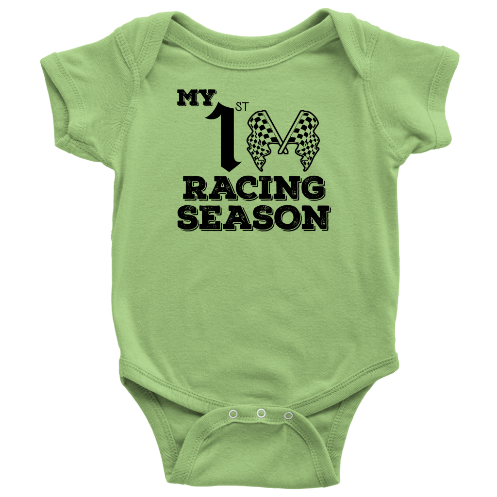 Infant onesies and youth hoodies featuring the "My 1st Racing Season" milestone design, crafted from soft combed ringspun cotton for future track stars.