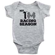 Infant onesies and youth hoodies featuring the "My 1st Racing Season" milestone design, crafted from soft combed ringspun cotton for future track stars.