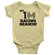Infant onesies and youth hoodies featuring the "My 1st Racing Season" milestone design, crafted from soft combed ringspun cotton for future track stars.