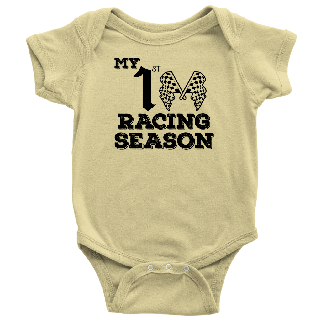 Infant onesies and youth hoodies featuring the "My 1st Racing Season" milestone design, crafted from soft combed ringspun cotton for future track stars.