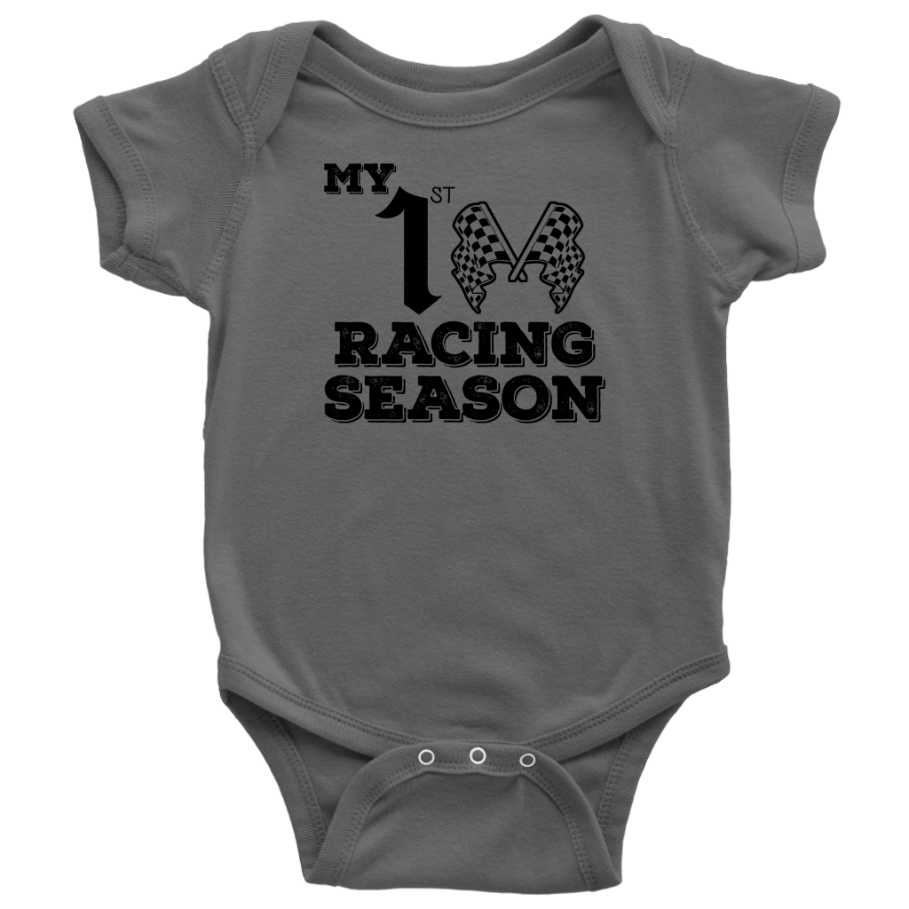 Infant onesies and youth hoodies featuring the "My 1st Racing Season" milestone design, crafted from soft combed ringspun cotton for future track stars.