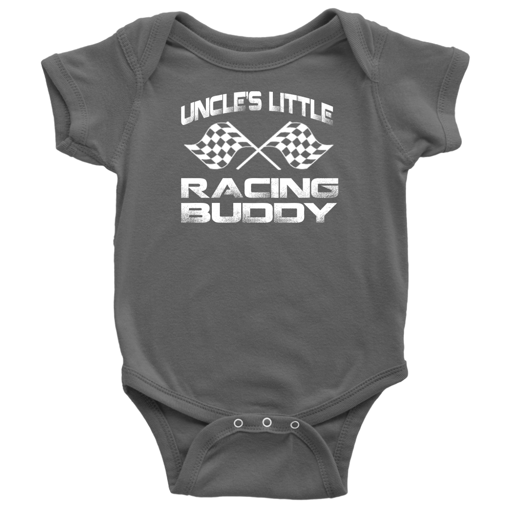 Infant onesies and youth hoodies featuring the "Uncle's Little Racing Buddy" graphic, crafted from soft combed ringspun cotton for the next generation of racers.
