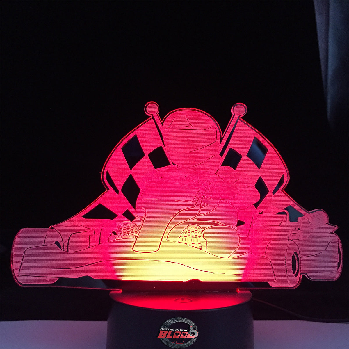 Kart Racing 3D LED Lamp featuring a detailed go-kart and driver silhouette glowing in a bright racing green on a modern black base.