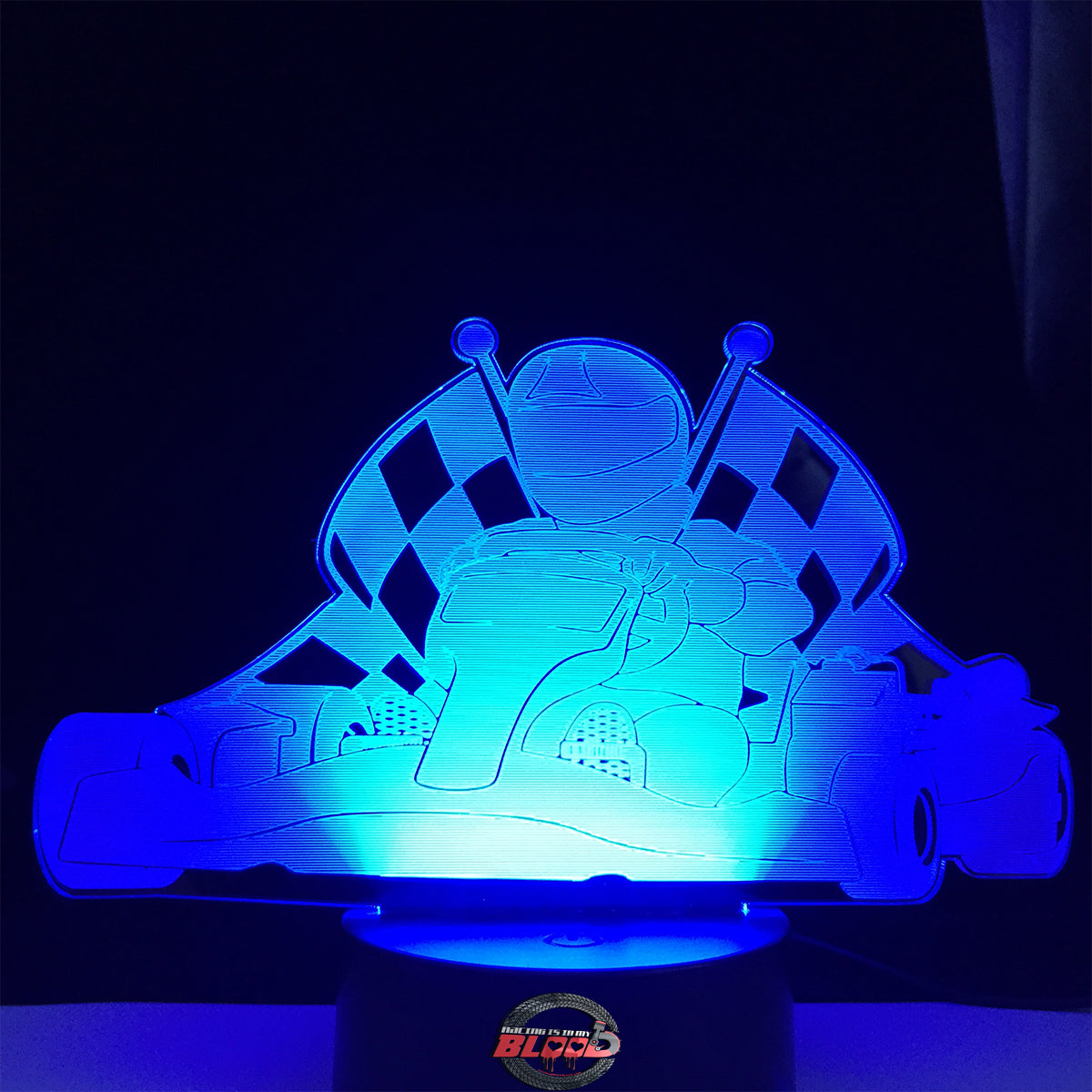 Kart Racing 3D LED Lamp featuring a detailed go-kart and driver silhouette glowing in a bright racing green on a modern black base.