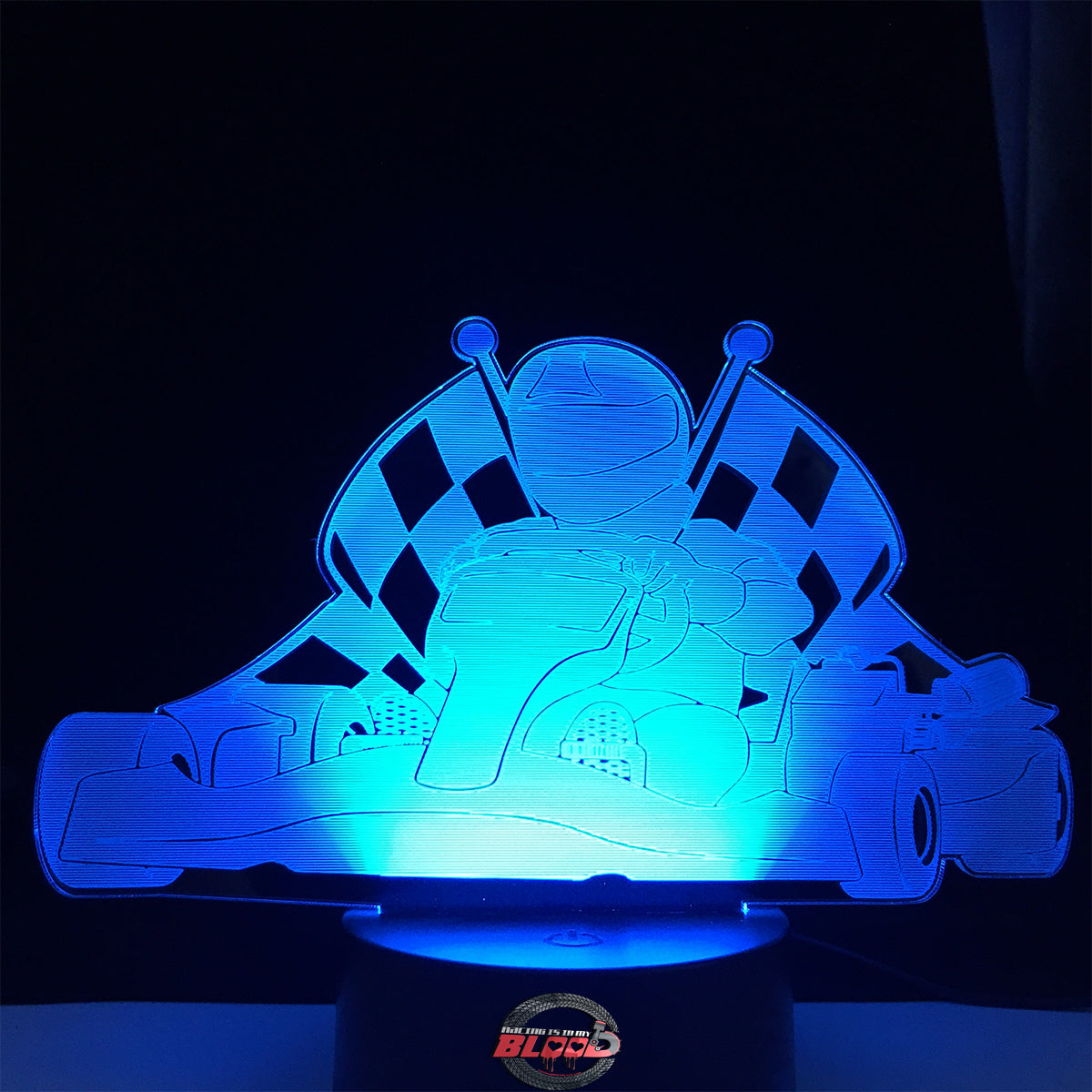 Kart Racing 3D LED Lamp featuring a detailed go-kart and driver silhouette glowing in a bright racing green on a modern black base.