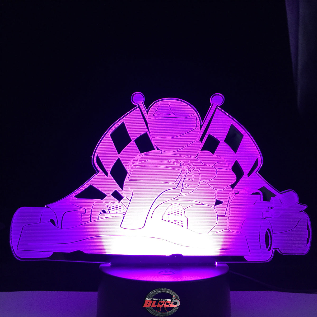 Kart Racing 3D LED Lamp featuring a detailed go-kart and driver silhouette glowing in a bright racing green on a modern black base.