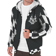 Man wearing a black checkered racing sherpa jacket with sample number 72 and name on the chest, white lining, and zip front.