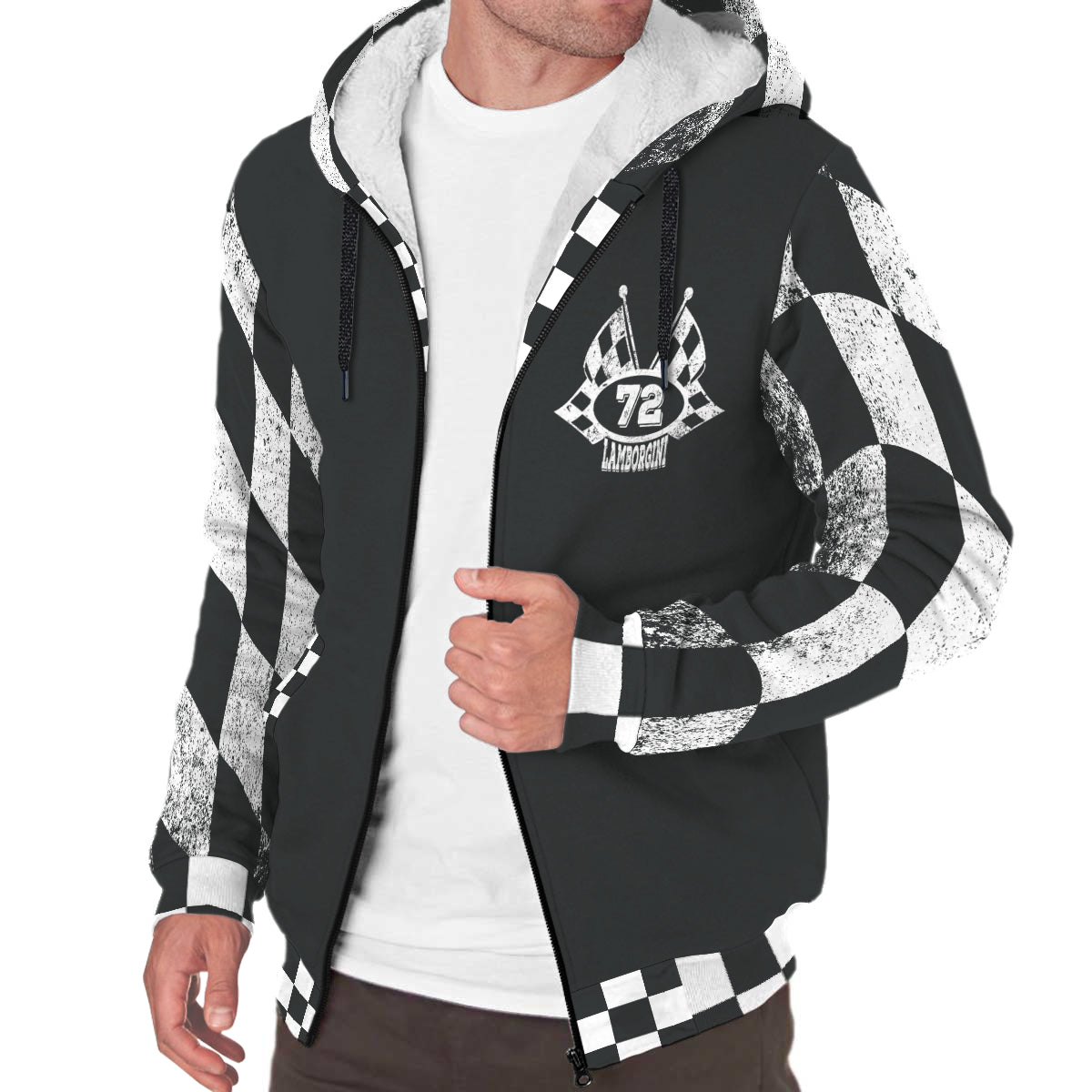 Man wearing a black checkered racing sherpa jacket with sample number 72 and name on the chest, white lining, and zip front.
