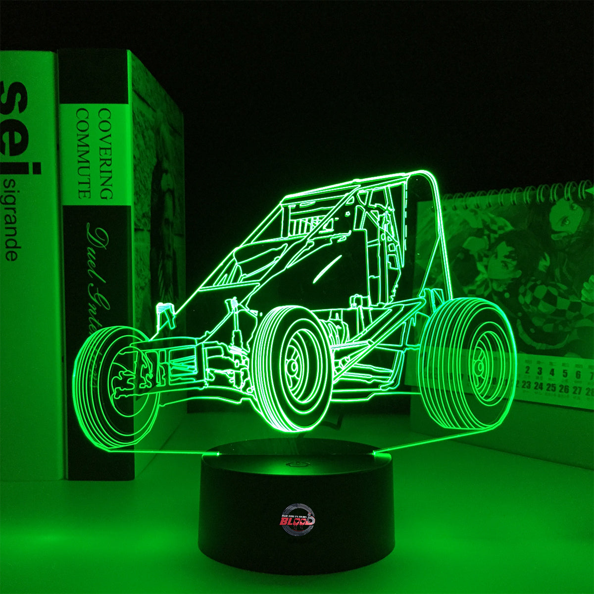 Midget Sprint Car LED Lamp featuring a detailed dirt track racing silhouette glowing in a vibrant orange on a premium black base.