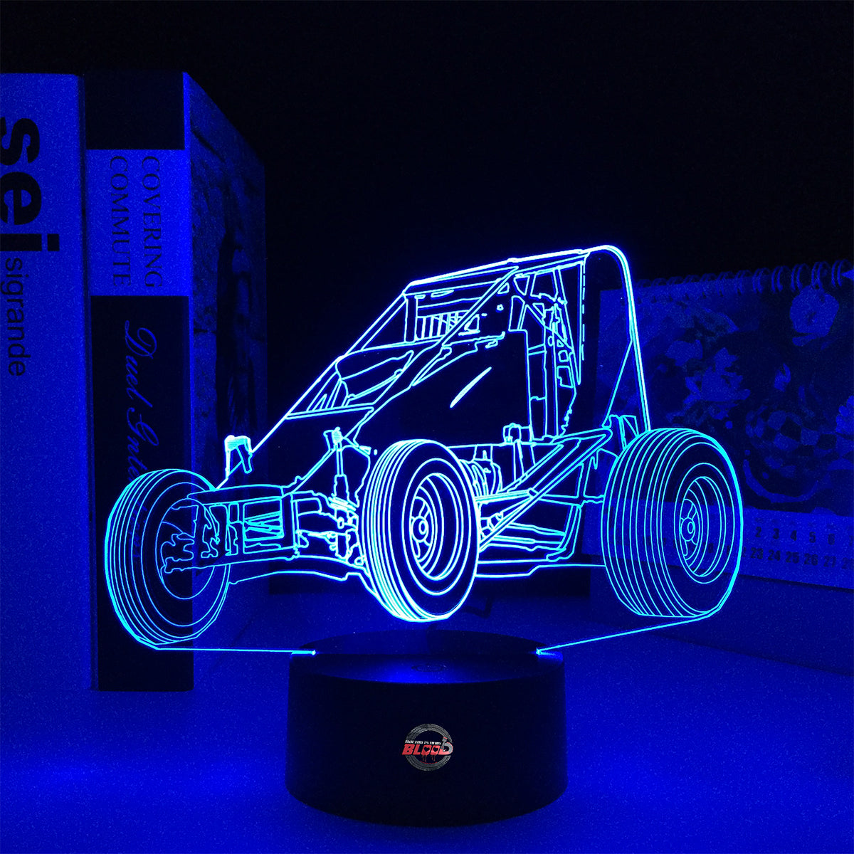 Midget Sprint Car LED Lamp featuring a detailed dirt track racing silhouette glowing in a vibrant orange on a premium black base.