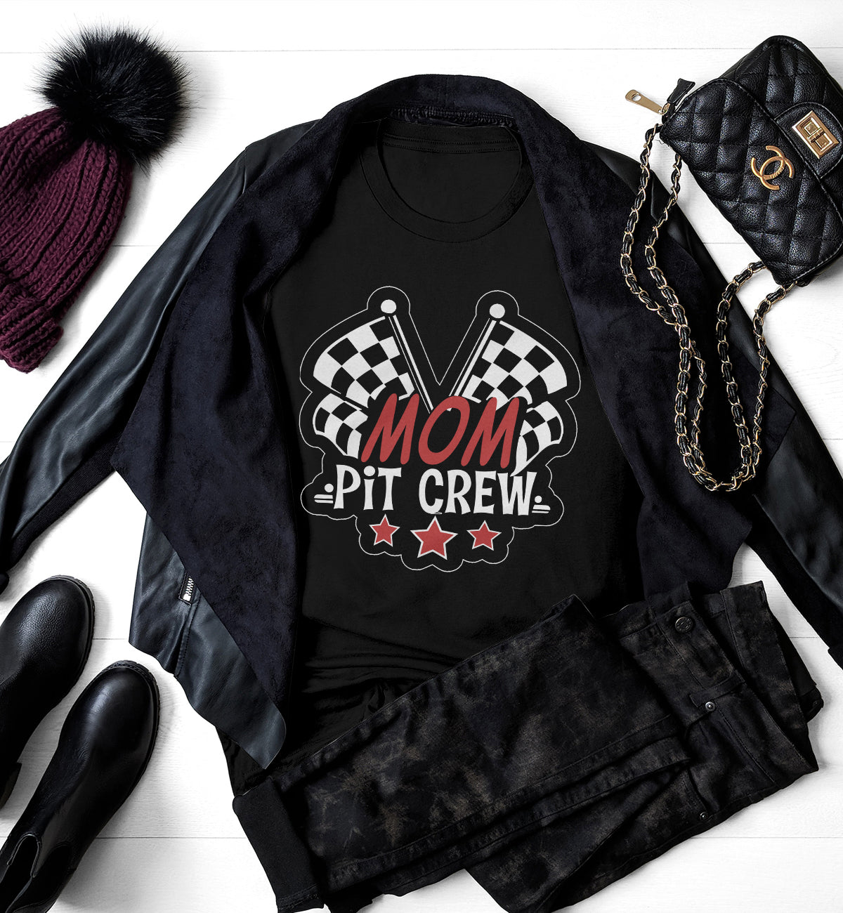Mom Pit Crew apparel collection featuring premium women's t-shirts, lightweight racerback tanks, soft v-necks, and cozy fleece hoodies designed for racing families.