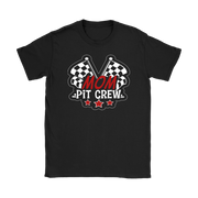 Mom Pit Crew apparel collection featuring premium women's t-shirts, lightweight racerback tanks, soft v-necks, and cozy fleece hoodies designed for racing families.