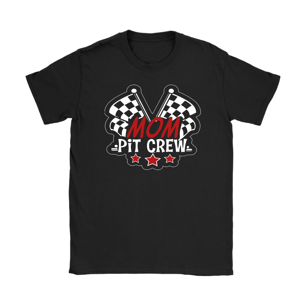 Mom Pit Crew apparel collection featuring premium women's t-shirts, lightweight racerback tanks, soft v-necks, and cozy fleece hoodies designed for racing families.