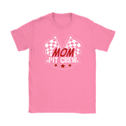Mom Pit Crew apparel collection featuring premium women's t-shirts, lightweight racerback tanks, soft v-necks, and cozy fleece hoodies designed for racing families.