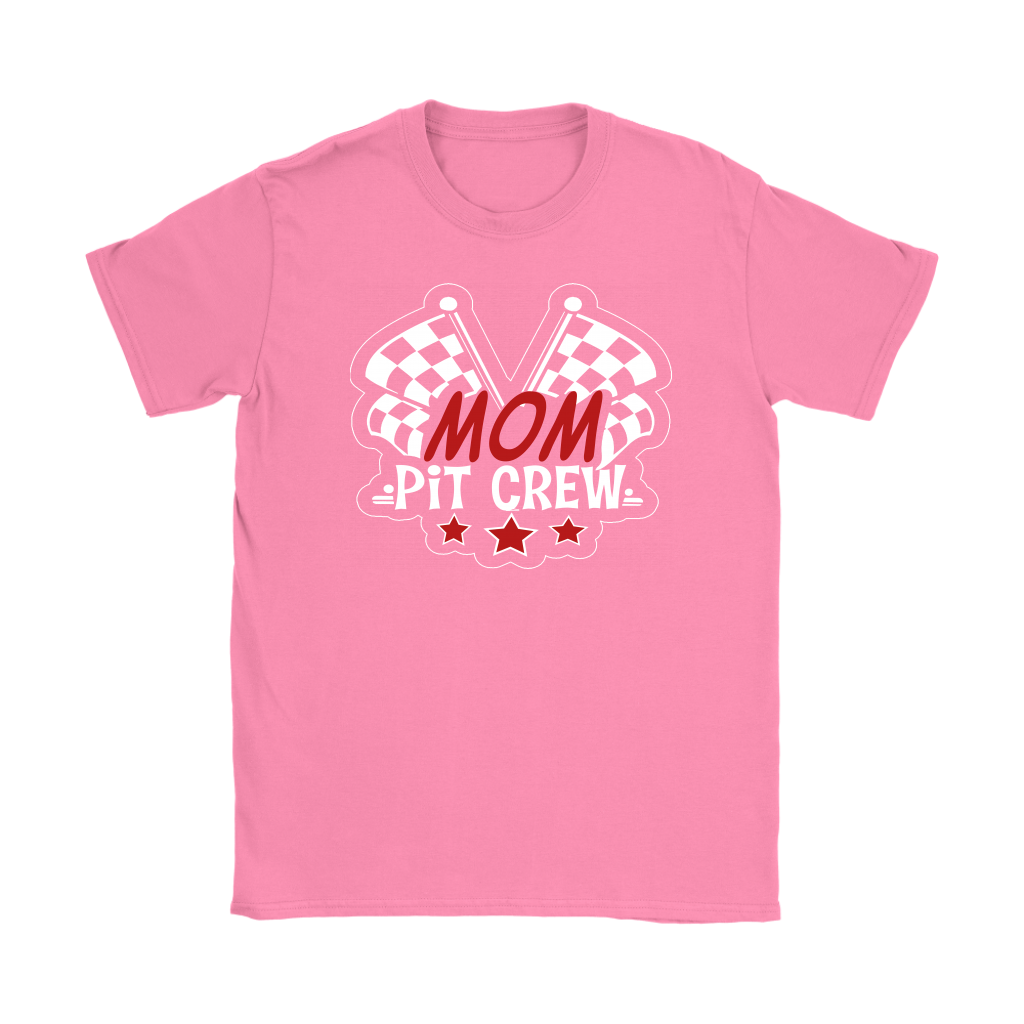 Mom Pit Crew apparel collection featuring premium women's t-shirts, lightweight racerback tanks, soft v-necks, and cozy fleece hoodies designed for racing families.