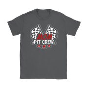 Mom Pit Crew apparel collection featuring premium women's t-shirts, lightweight racerback tanks, soft v-necks, and cozy fleece hoodies designed for racing families.