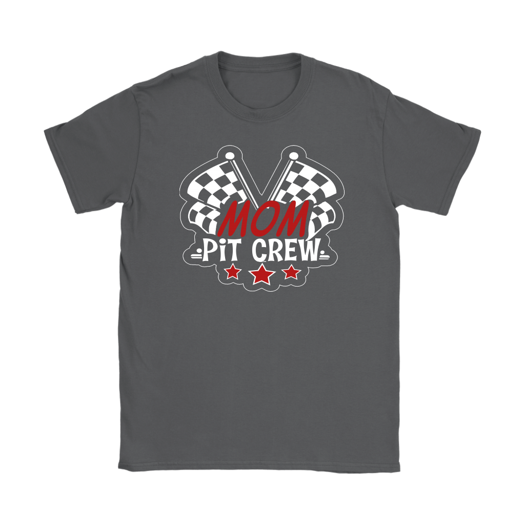 Mom Pit Crew apparel collection featuring premium women's t-shirts, lightweight racerback tanks, soft v-necks, and cozy fleece hoodies designed for racing families.