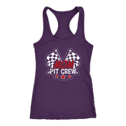 Mom Pit Crew apparel collection featuring premium women's t-shirts, lightweight racerback tanks, soft v-necks, and cozy fleece hoodies designed for racing families.
