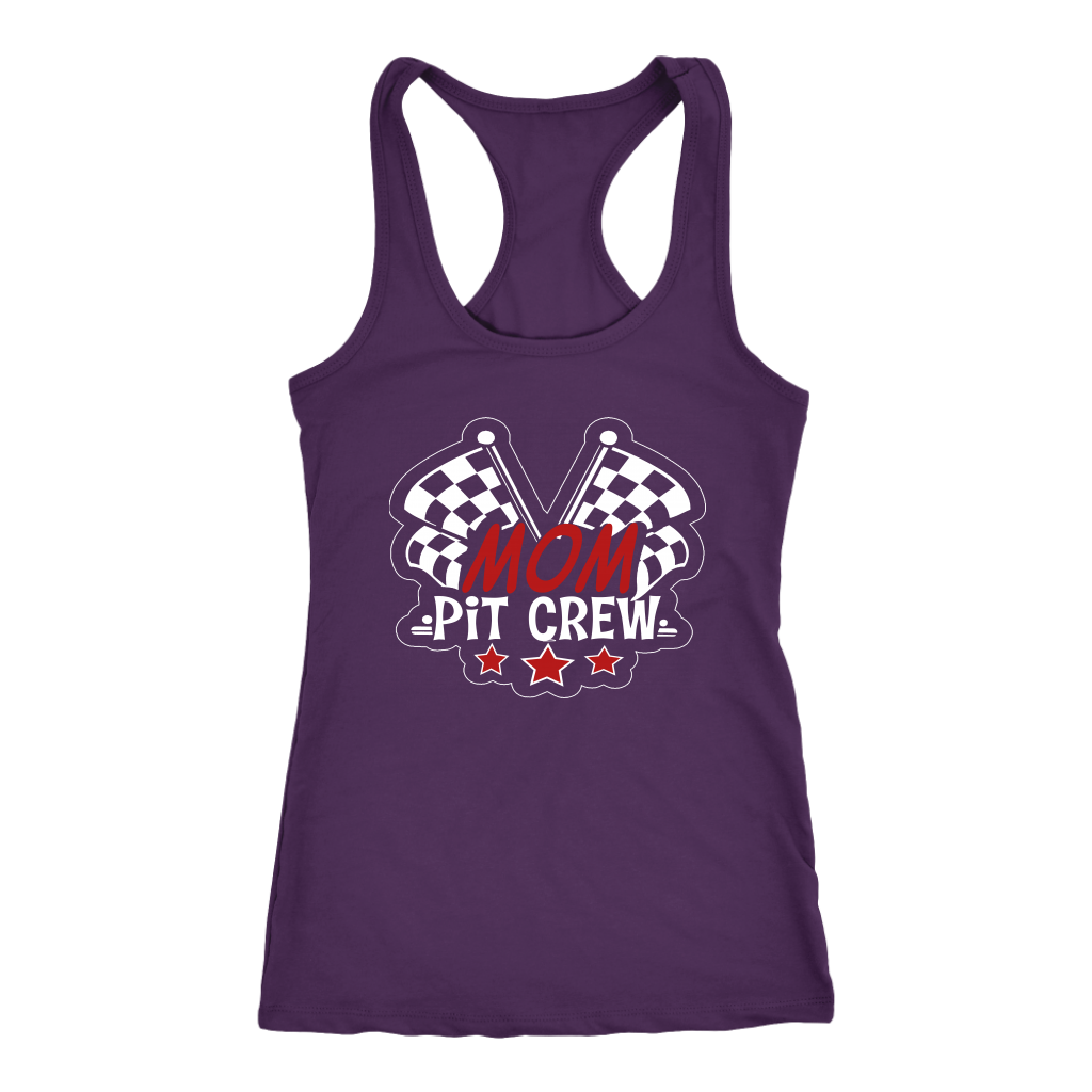 Mom Pit Crew apparel collection featuring premium women's t-shirts, lightweight racerback tanks, soft v-necks, and cozy fleece hoodies designed for racing families.
