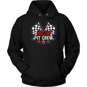 Mom Pit Crew apparel collection featuring premium women's t-shirts, lightweight racerback tanks, soft v-necks, and cozy fleece hoodies designed for racing families.