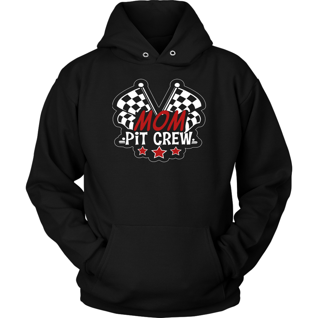 Mom Pit Crew apparel collection featuring premium women's t-shirts, lightweight racerback tanks, soft v-necks, and cozy fleece hoodies designed for racing families.