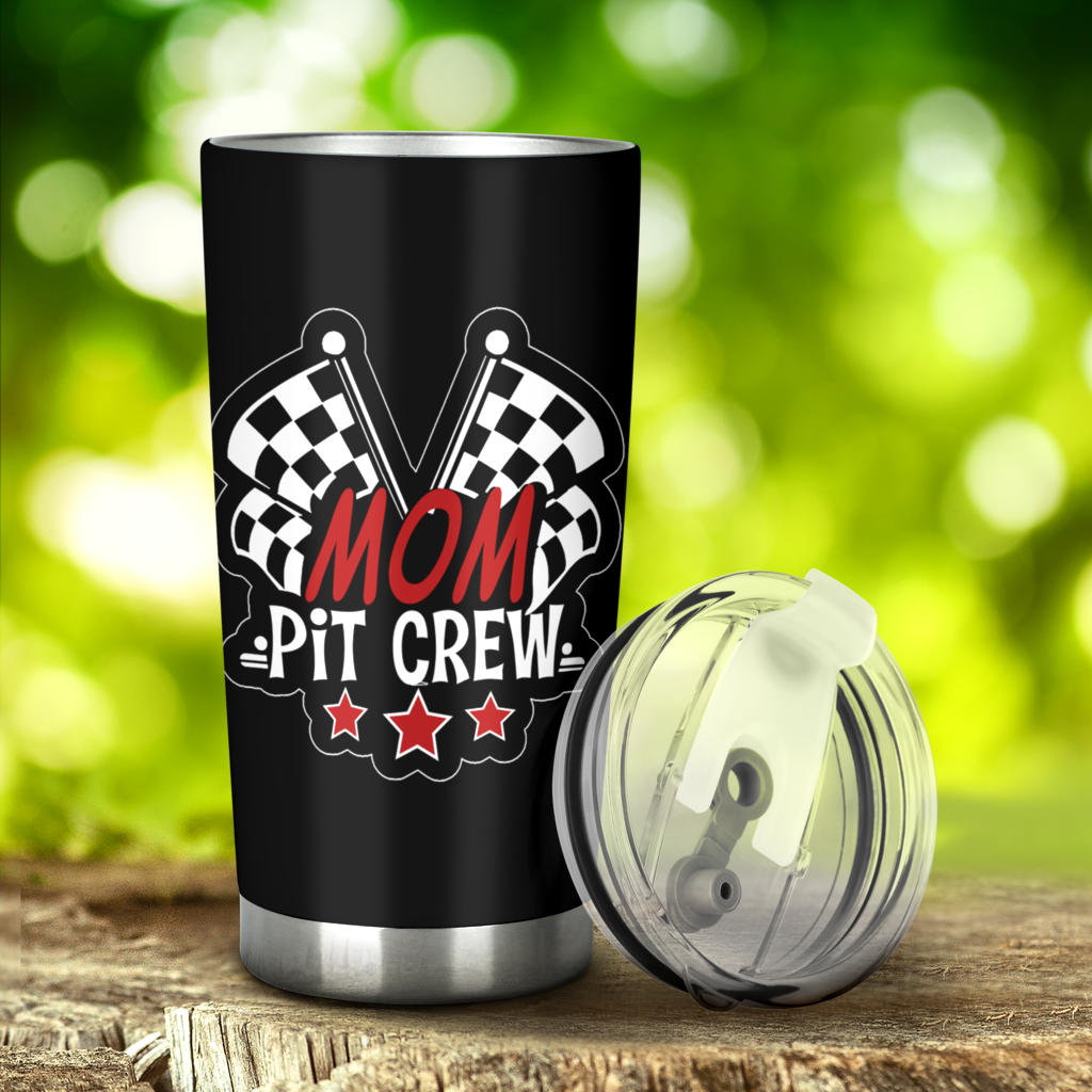 Mom Pit Crew custom stainless steel tumbler featuring double-walled vacuum insulation, a leak-proof lid, and a high-quality custom racing print.