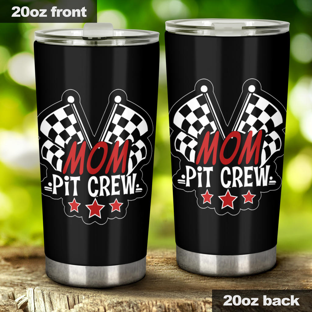 Mom Pit Crew custom stainless steel tumbler featuring double-walled vacuum insulation, a leak-proof lid, and a high-quality custom racing print.