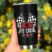 Mom Pit Crew custom stainless steel tumbler featuring double-walled vacuum insulation, a leak-proof lid, and a high-quality custom racing print.