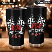 Mom Pit Crew custom stainless steel tumbler featuring double-walled vacuum insulation, a leak-proof lid, and a high-quality custom racing print.