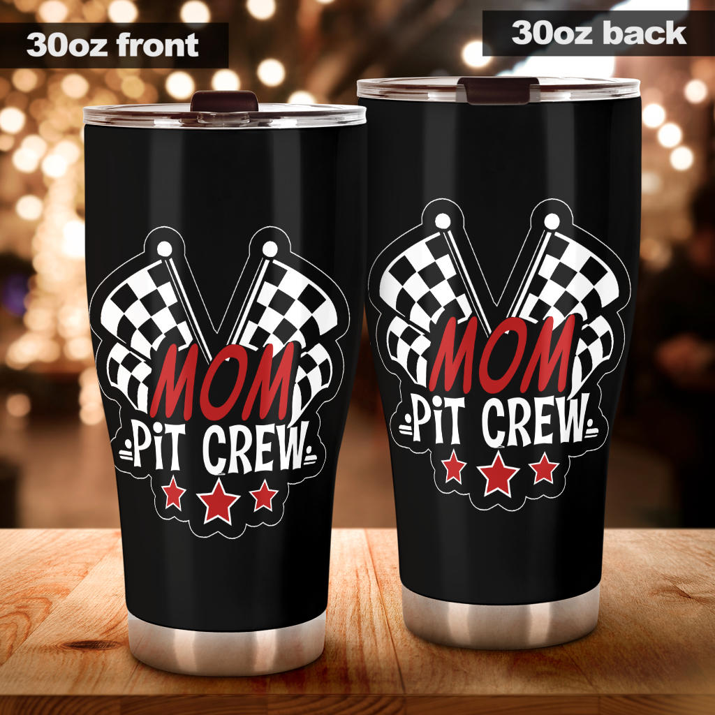 Mom Pit Crew custom stainless steel tumbler featuring double-walled vacuum insulation, a leak-proof lid, and a high-quality custom racing print.