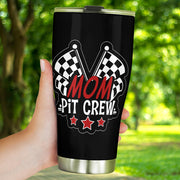 Mom Pit Crew custom stainless steel tumbler featuring double-walled vacuum insulation, a leak-proof lid, and a high-quality custom racing print.