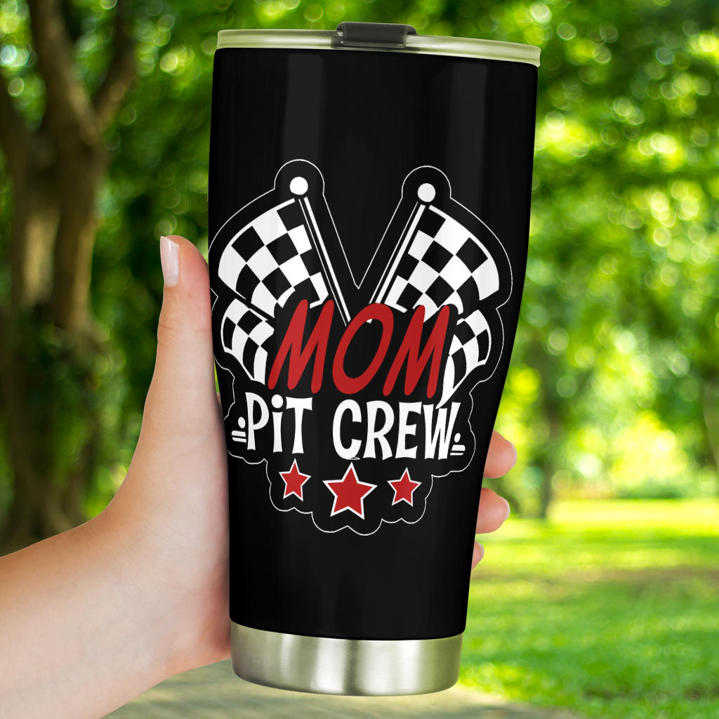 Mom Pit Crew custom stainless steel tumbler featuring double-walled vacuum insulation, a leak-proof lid, and a high-quality custom racing print.