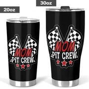 Mom Pit Crew custom stainless steel tumbler featuring double-walled vacuum insulation, a leak-proof lid, and a high-quality custom racing print.