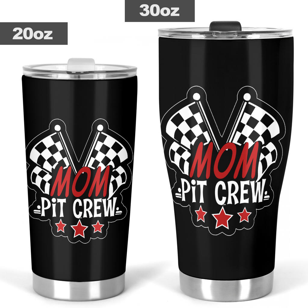 Mom Pit Crew custom stainless steel tumbler featuring double-walled vacuum insulation, a leak-proof lid, and a high-quality custom racing print.