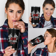 Mom Pit Crew custom stainless steel tumbler featuring double-walled vacuum insulation, a leak-proof lid, and a high-quality custom racing print.